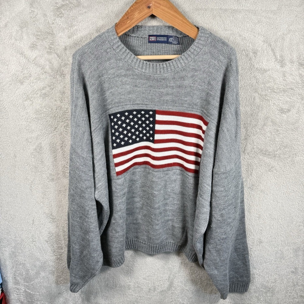 Faded Glory Gray American Flag Knit Oversized Crewneck Sweater Size 3X USA Made